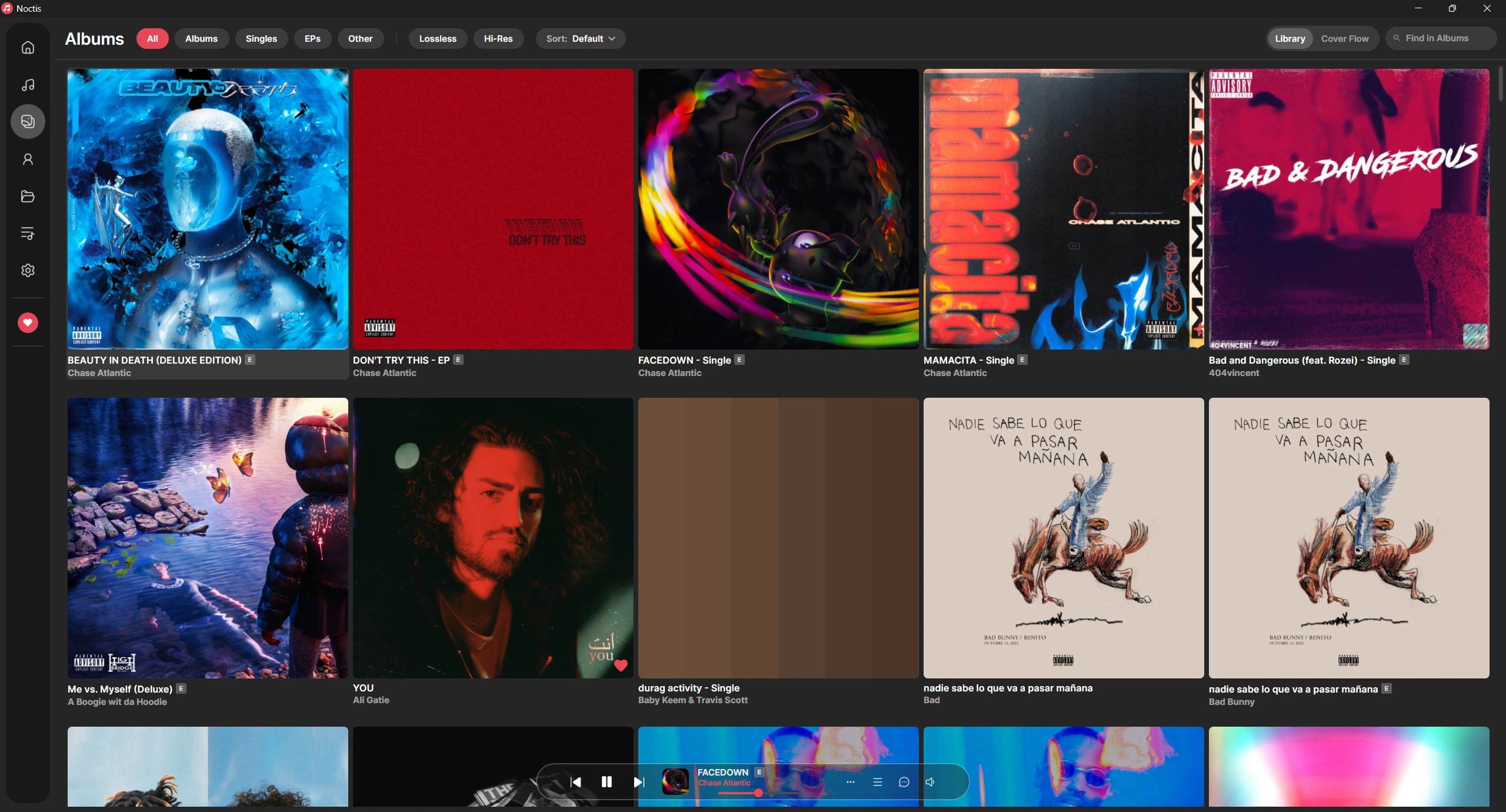Noctis Albums library: a grid of album-art cards with filter chips and a floating playback bar.