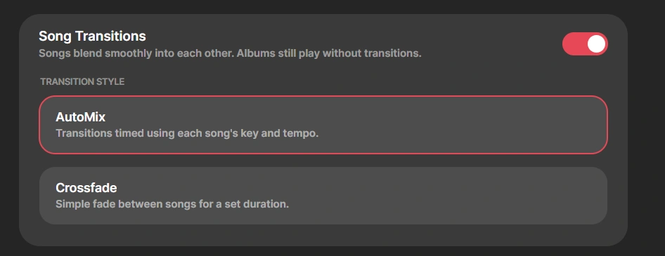 Noctis Song Transitions settings: AutoMix selected, blending tracks by key and tempo, with a Crossfade alternative.