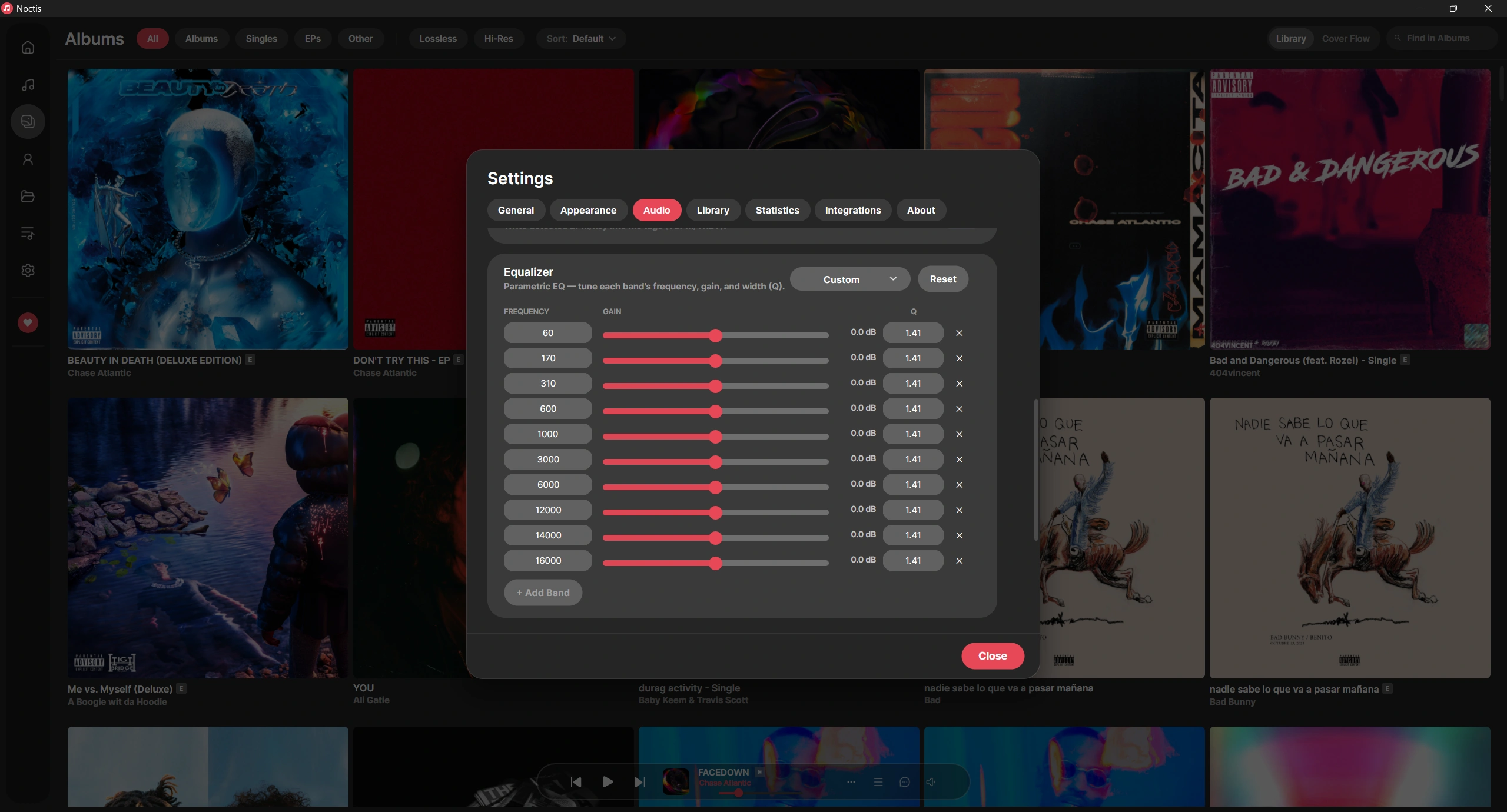 Noctis equalizer with frequency bands and gain sliders.