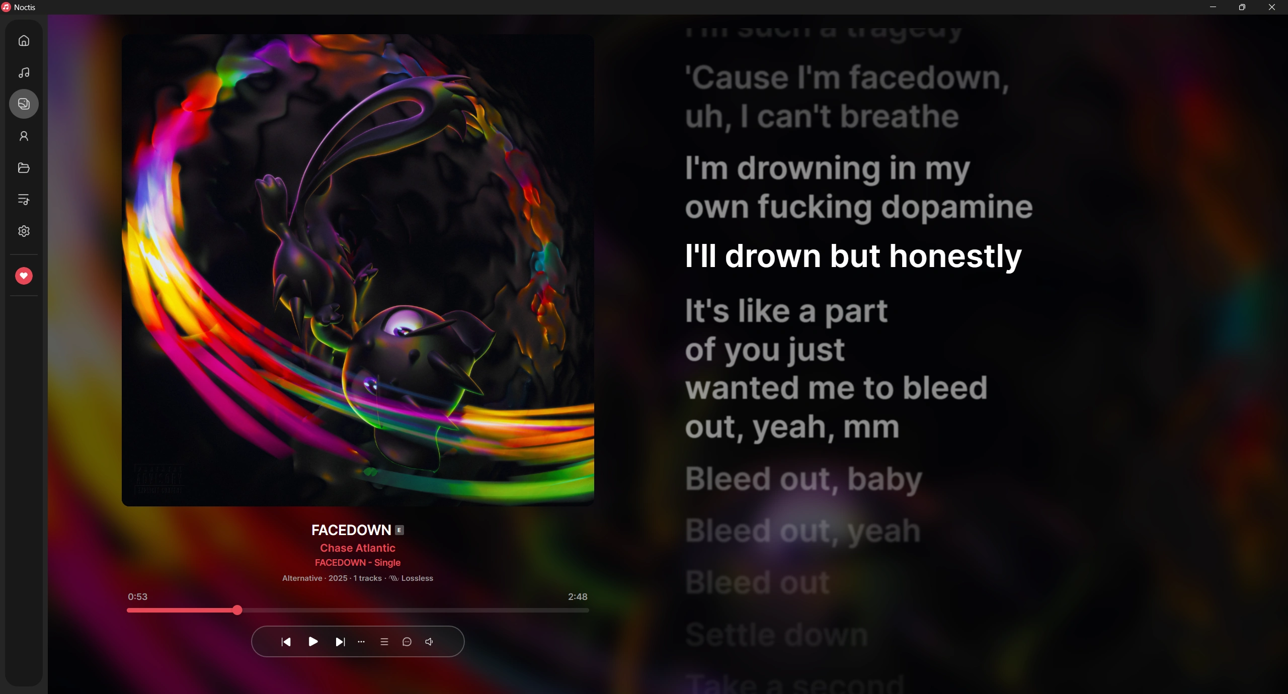 Noctis Now Playing: a large album cover recolors the interface while synced lyrics highlight the current line.