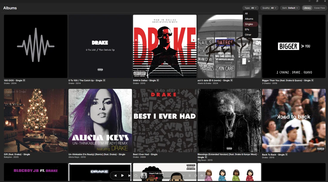 The album grid with the release-type filter open, narrowing to singles.