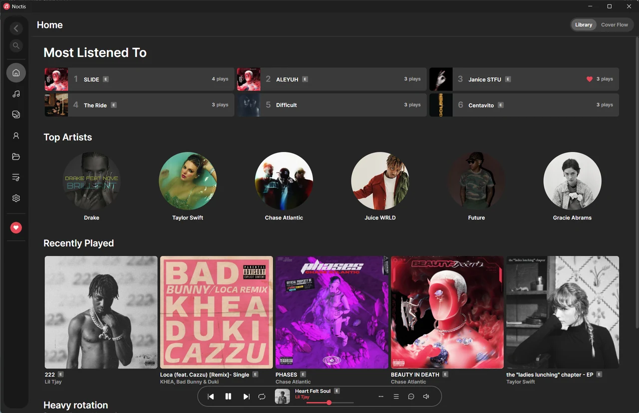 The Noctis home screen showing recently played albums and the playback bar.