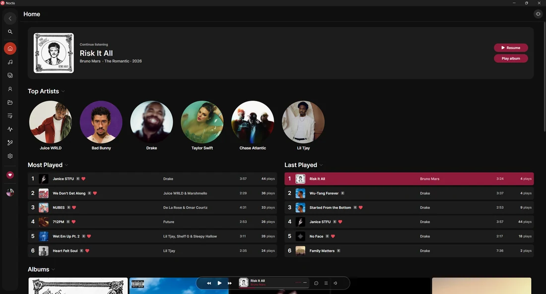 The Noctis Home view with continue listening, top artists and most played.