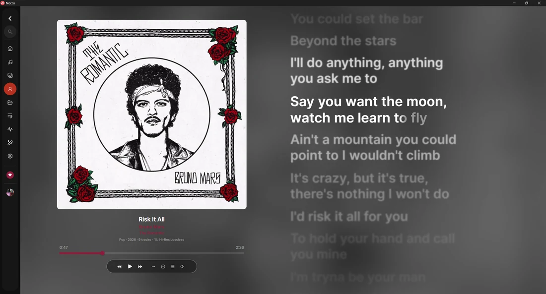 Now playing with synced lyrics beside the album artwork.