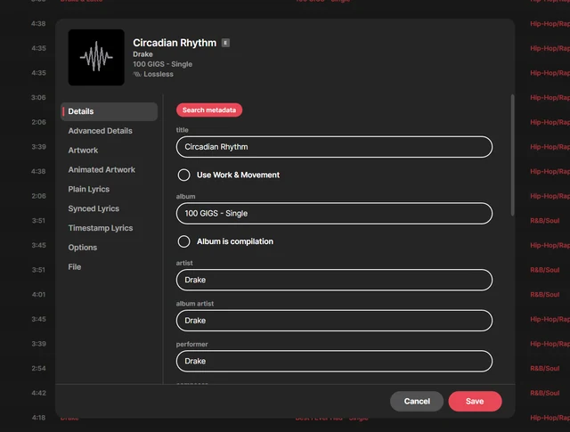 The tag editor open over the songs list, with every metadata field editable.